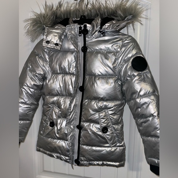 Diesel Girls Hooded Puffer Parka Jacket Removable Faux Fur Trim Silver* - Picture 6 of 12